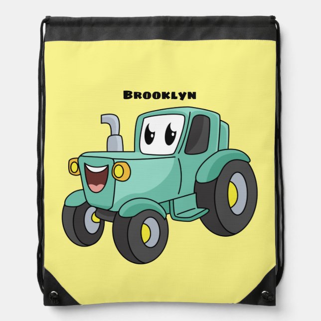 Cute happy green tractor cartoon drawstring bag (Front)