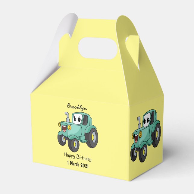 Cute happy green tractor cartoon favor boxes (Front Side)