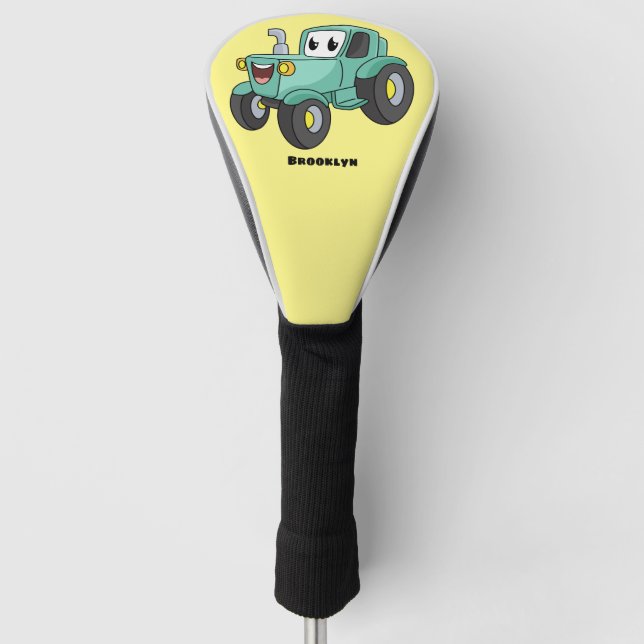 Cute happy green tractor cartoon golf head cover (Front)