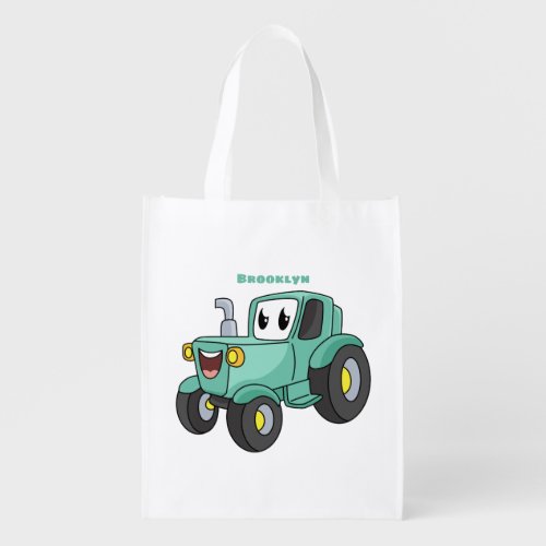 Cute happy green tractor cartoon grocery bag