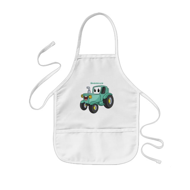 Cute happy green tractor cartoon kids' apron (Front)