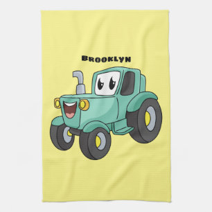 Cute happy green tractor cartoon kitchen towel