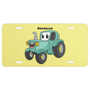 Cute happy green tractor cartoon license plate