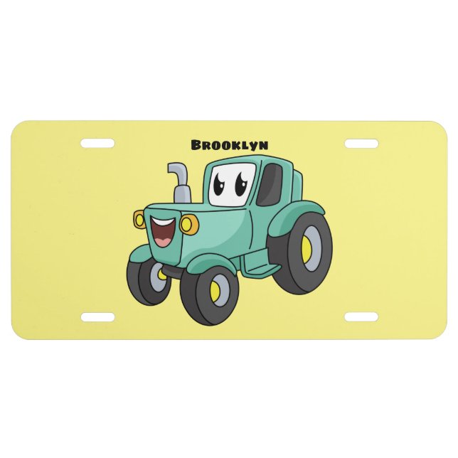 Cute happy green tractor cartoon license plate (Front)