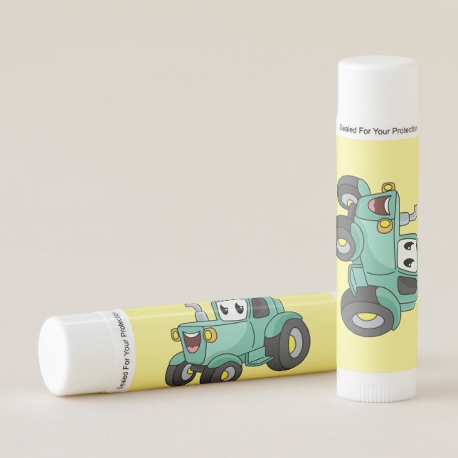 Cute happy green tractor cartoon lip balm (Front)