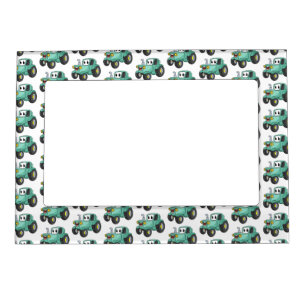 Cute happy green tractor cartoon magnetic frame