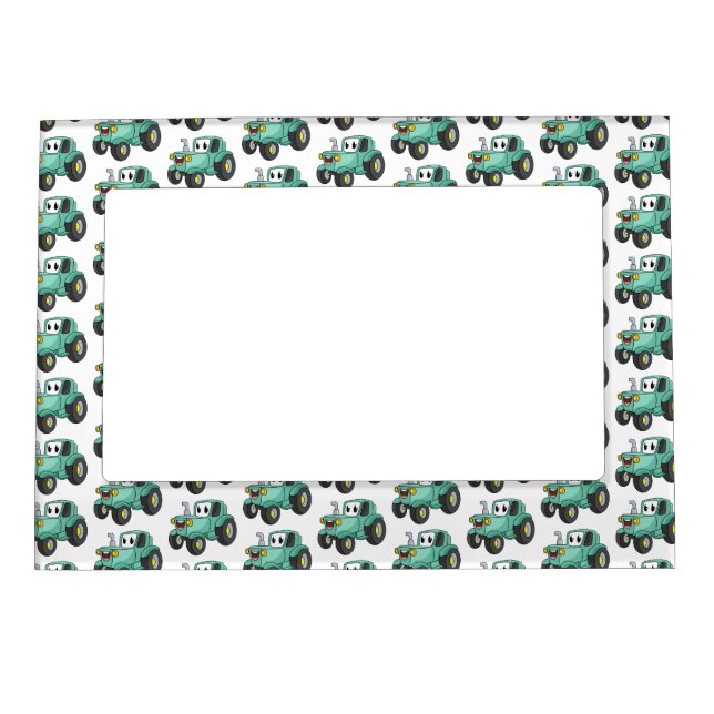 Cute happy green tractor cartoon magnetic frame (Front)