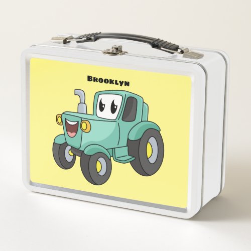 Cute happy green tractor cartoon metal lunch box