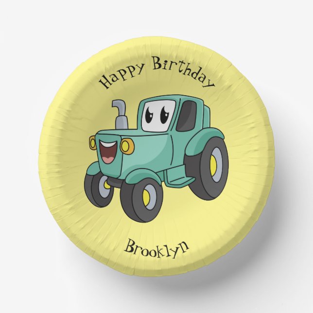 Cute happy green tractor cartoon paper bowls (Front)