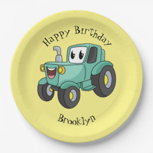 Cute happy green tractor cartoon  paper plates