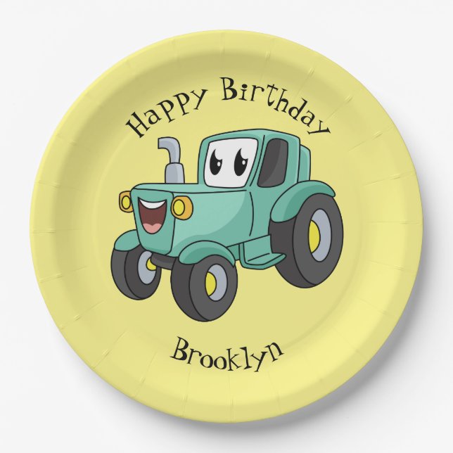 Cute happy green tractor cartoon  paper plates (Front)