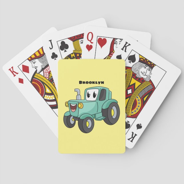 Cute happy green tractor cartoon poker cards (Back)