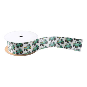 Cute happy green tractor cartoon satin ribbon