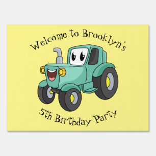 Cute happy green tractor cartoon sign
