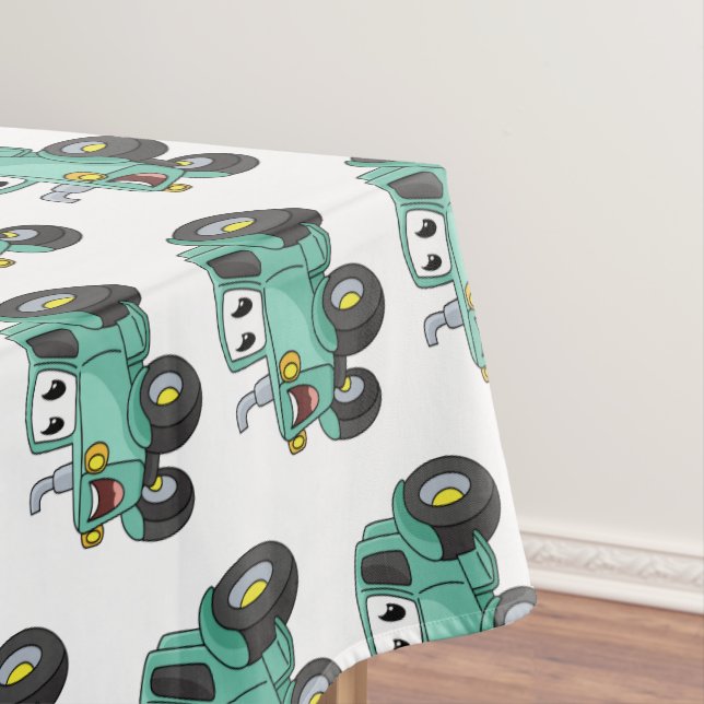 Cute happy green tractor cartoon tablecloth (In Situ)