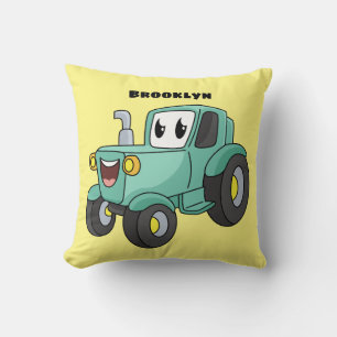 Cute happy green tractor cartoon throw pillow