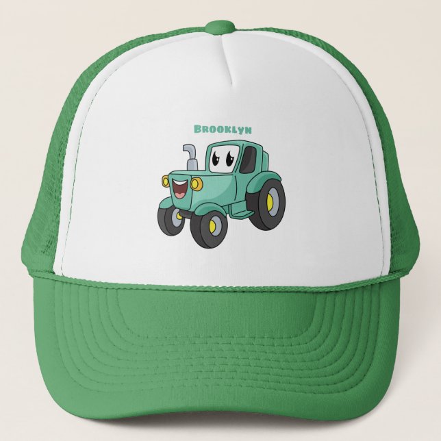 Cute happy green tractor cartoon trucker hat (Front)