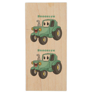 Cute happy green tractor cartoon  wood flash drive