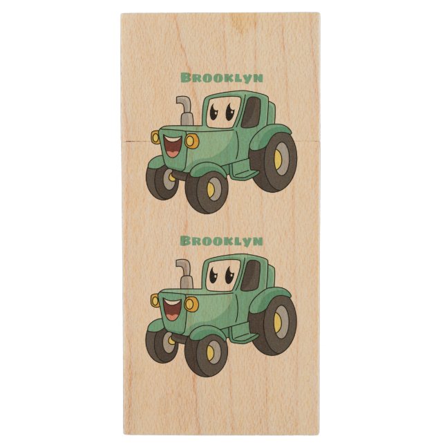 Cute happy green tractor cartoon  wood flash drive (Front Vertical)