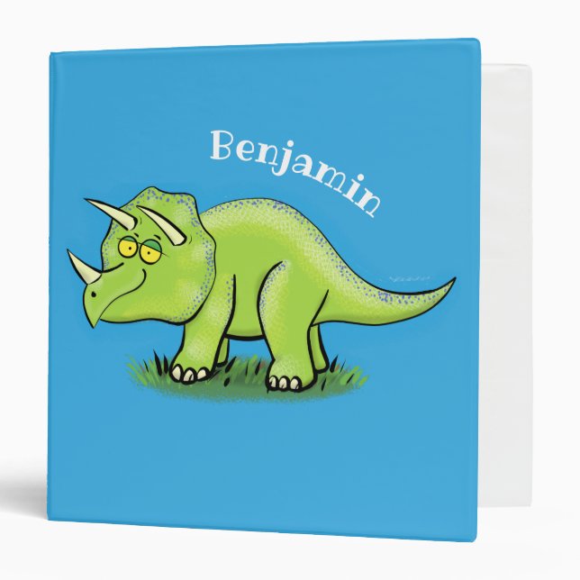 Cute happy green triceratops dinosaur cartoon 3 ring binder (Front/Inside)