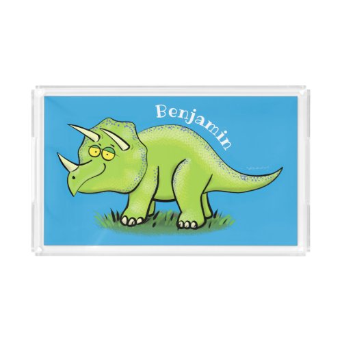 Cute happy green triceratops dinosaur cartoon acrylic tray