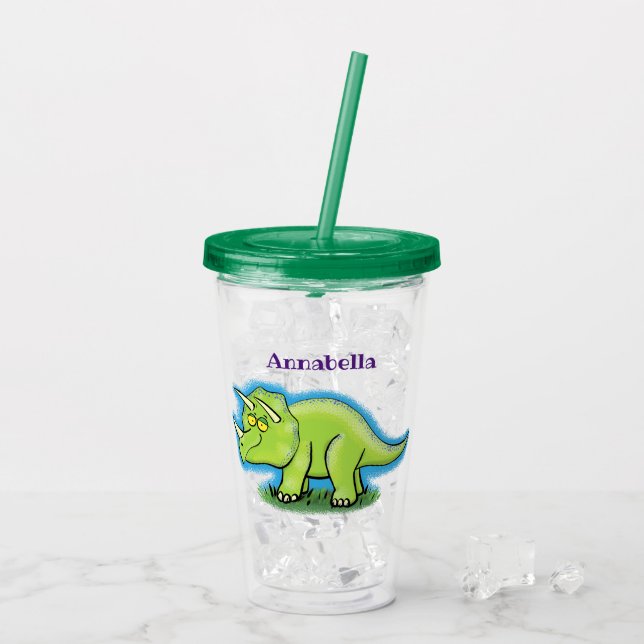 Cute happy green triceratops dinosaur cartoon acrylic tumbler (Back Ice)