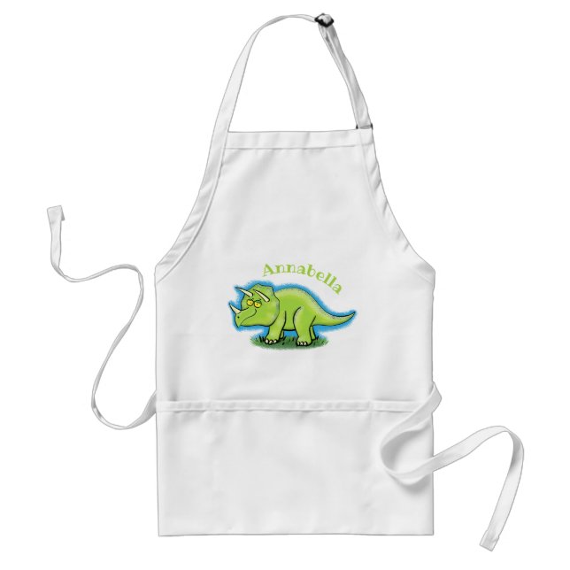 Cute happy green triceratops dinosaur cartoon adult apron (Front)