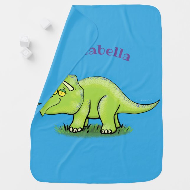 Cute happy green triceratops dinosaur cartoon baby blanket (In Situ)