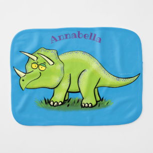 Cute happy green triceratops dinosaur cartoon baby burp cloth