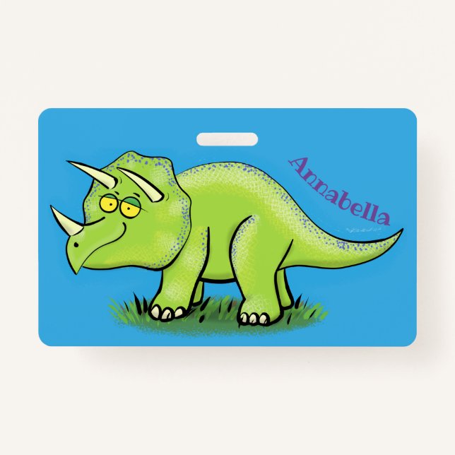 Cute happy green triceratops dinosaur cartoon badge (Front)