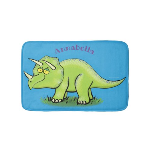 Cute happy green triceratops dinosaur cartoon bath mat