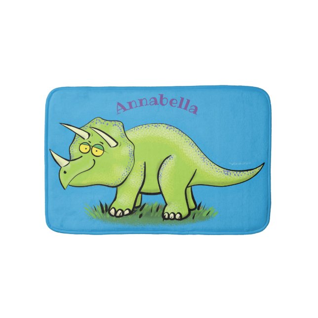Cute happy green triceratops dinosaur cartoon bath mat (Front)