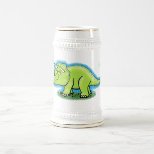 Cute happy green triceratops dinosaur cartoon beer stein