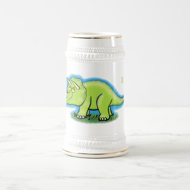 Cute happy green triceratops dinosaur cartoon beer stein (Center)