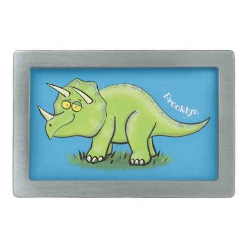 Cute happy green triceratops dinosaur cartoon belt buckle