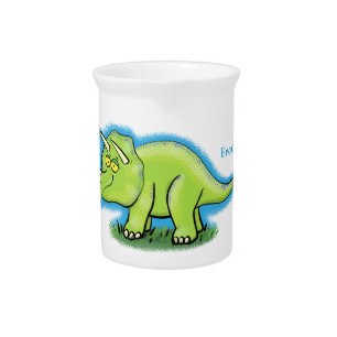 Cute happy green triceratops dinosaur cartoon beverage pitcher