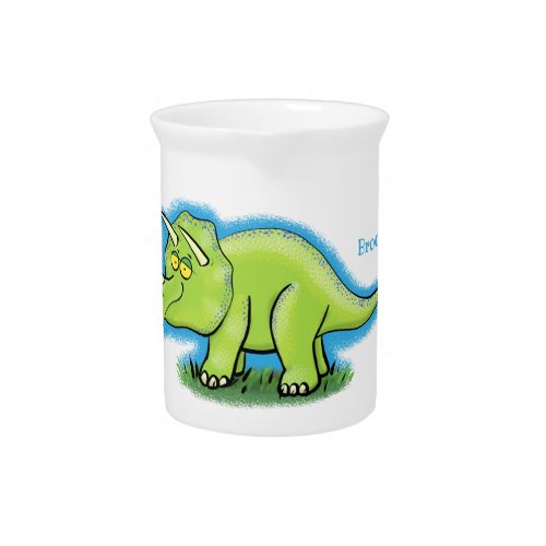 Cute happy green triceratops dinosaur cartoon beverage pitcher