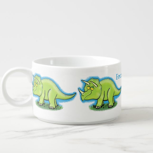 Cute happy green triceratops dinosaur cartoon bowl (Right)