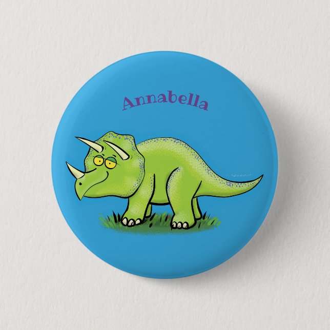 Cute happy green triceratops dinosaur cartoon button (Front)