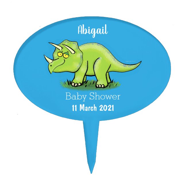 Cute happy green triceratops dinosaur cartoon cake topper (Front)