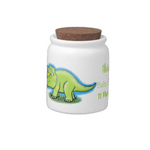 Cute happy green triceratops dinosaur cartoon candy jar