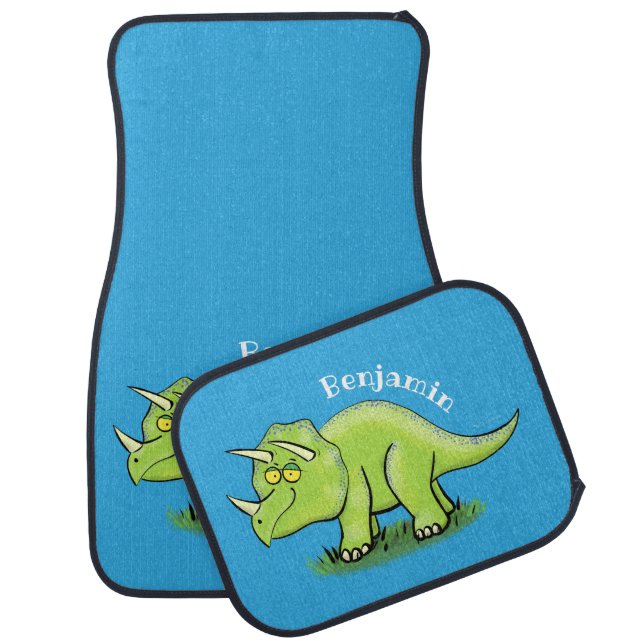 Cute happy green triceratops dinosaur cartoon car floor mat (Set)