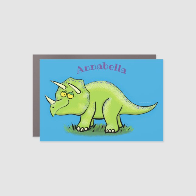 Cute happy green triceratops dinosaur cartoon car magnet (Front)