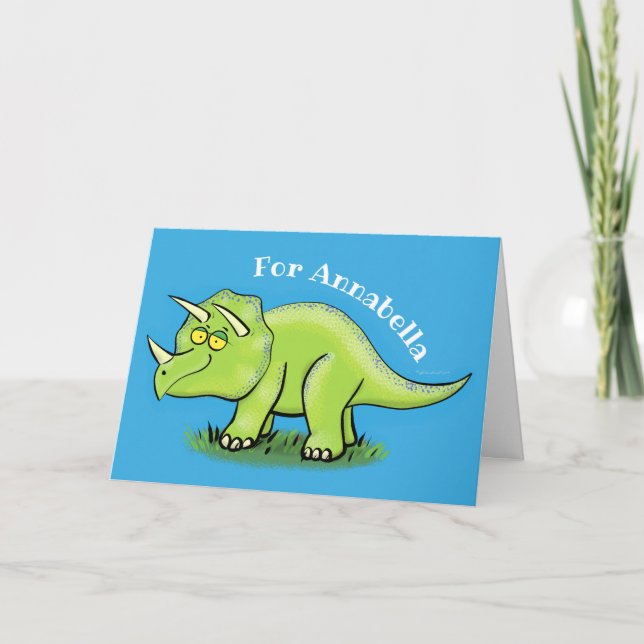 Cute happy green triceratops dinosaur cartoon card (Front)