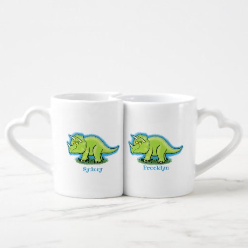 Cute happy green triceratops dinosaur cartoon coffee mug set