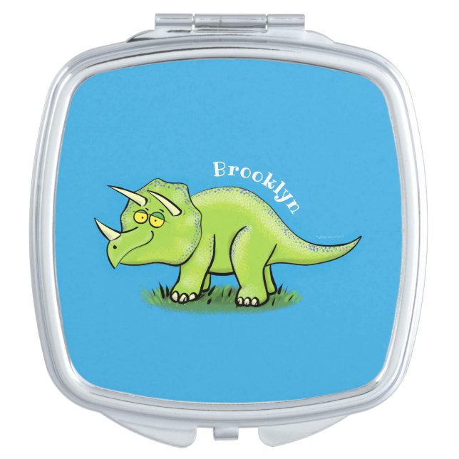 Cute happy green triceratops dinosaur cartoon compact mirror (Front)