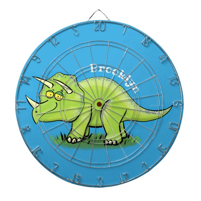 Cute happy green triceratops dinosaur cartoon dart board (Front)