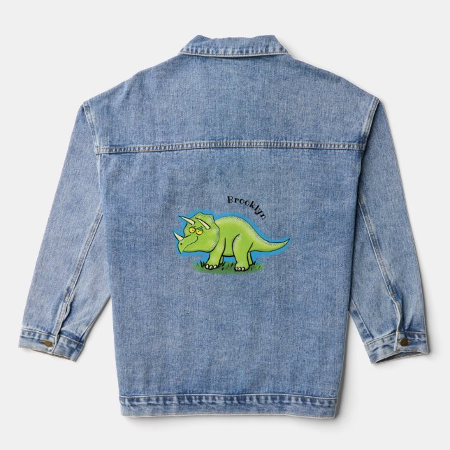 Cute happy green triceratops dinosaur cartoon denim jacket (Back)