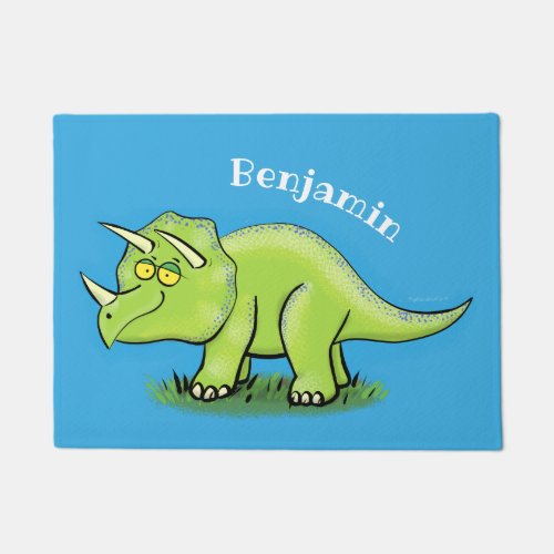 Cute happy green triceratops dinosaur cartoon doormat
