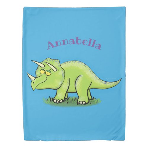 Cute happy green triceratops dinosaur cartoon duvet cover